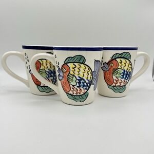 Tabletops Unlimited Pescada Fish Mugs Set of 3 Hand Painted Stoneware Coastal